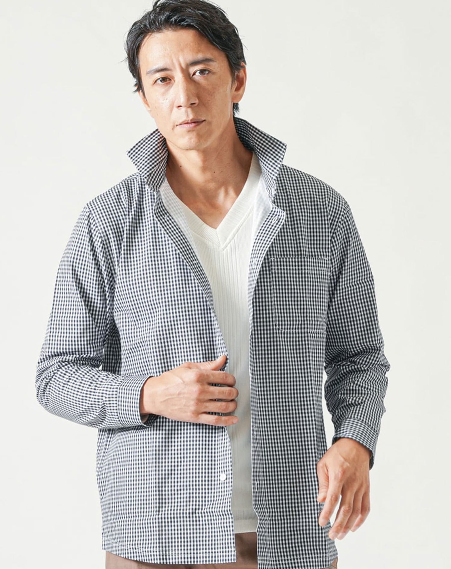 柄入りストレッチホリゾンタル長袖カットシャツ