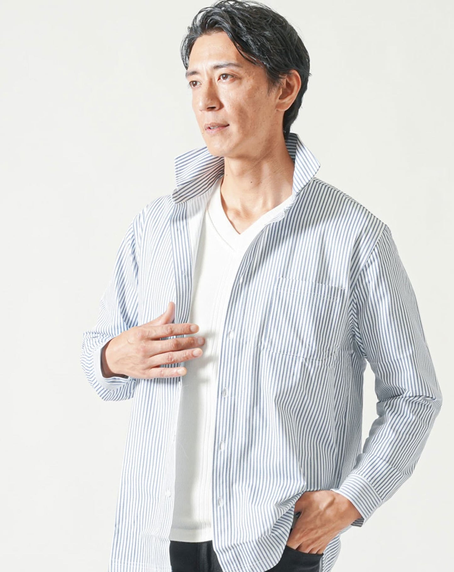 柄入りストレッチホリゾンタル長袖カットシャツ