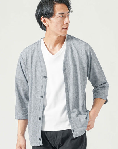 麻混ストライプ7分袖カーディガン