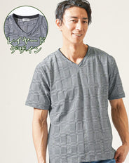 フェイクレイヤードチェックジャガード半袖VネックTシャツ
