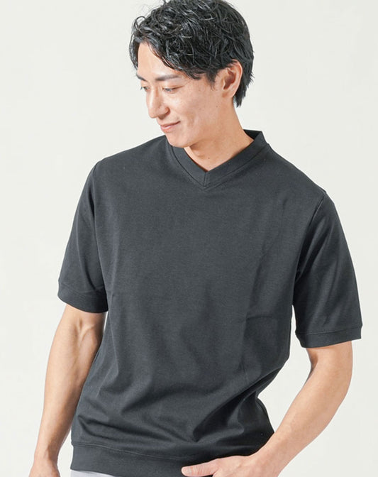 接触冷感リブ付き半袖クルーネック・VネックTシャツ