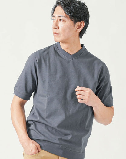 接触冷感リブ付き半袖クルーネック・VネックTシャツ
