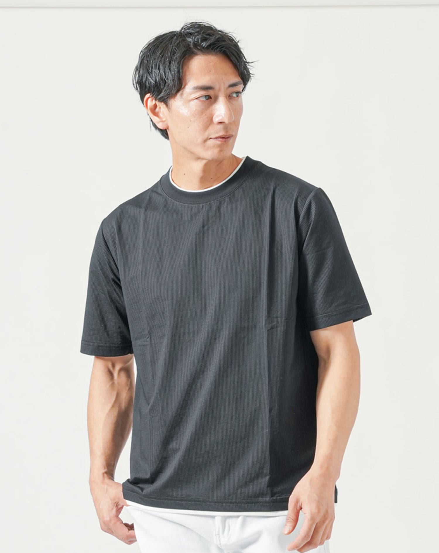 夏用接触冷感レイヤード半袖クルーネックTシャツ メンズ涼しい