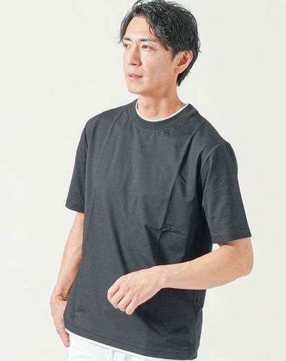 接触冷感シアサッカー素材フェイクレイヤード半袖クルーネックTシャツ