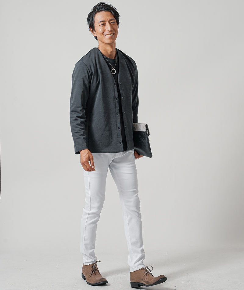 メンズ お洒落 ノーカラー ジャケット カーディガン バイカラー