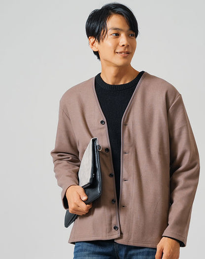 30代向け ノーカラージャケット メンズ 発熱温感 カーディガン おしゃれ Vネック おすすめ ブランド 私服 着こなし コーデ 厚手 メルトン イージーケア 秋 冬 ライトアウター 上着 防寒 暖かい ストレッチ アウター 種類