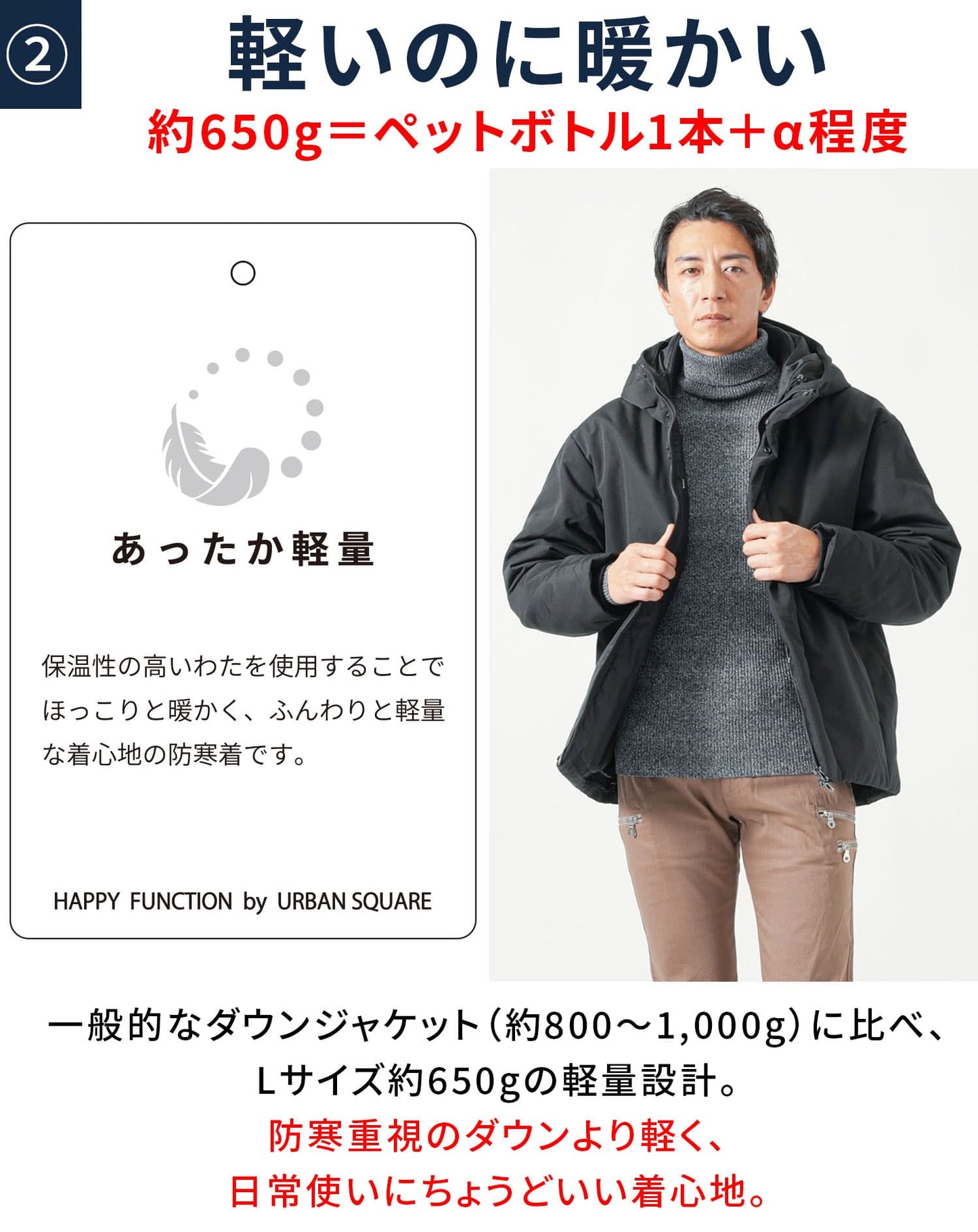 軽くて暖かいフード付きショート丈中綿ダウンジャケット