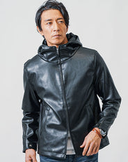 PUレザーフード付きライダースジャケット
