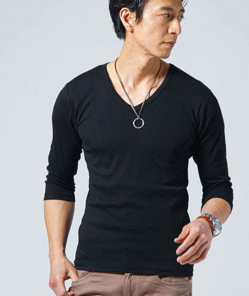 スリムに見えるフライス素材Vネック7分袖Tシャツ