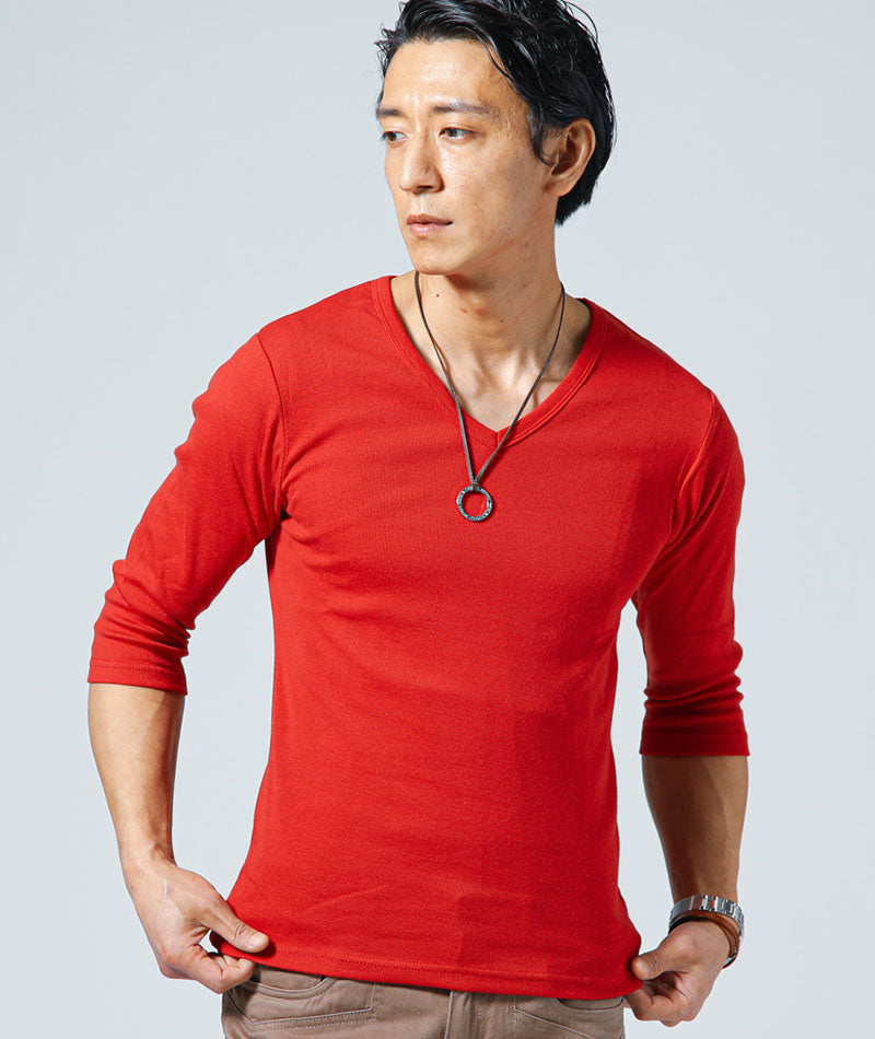 スリムに見えるフライス素材Vネック7分袖Tシャツ