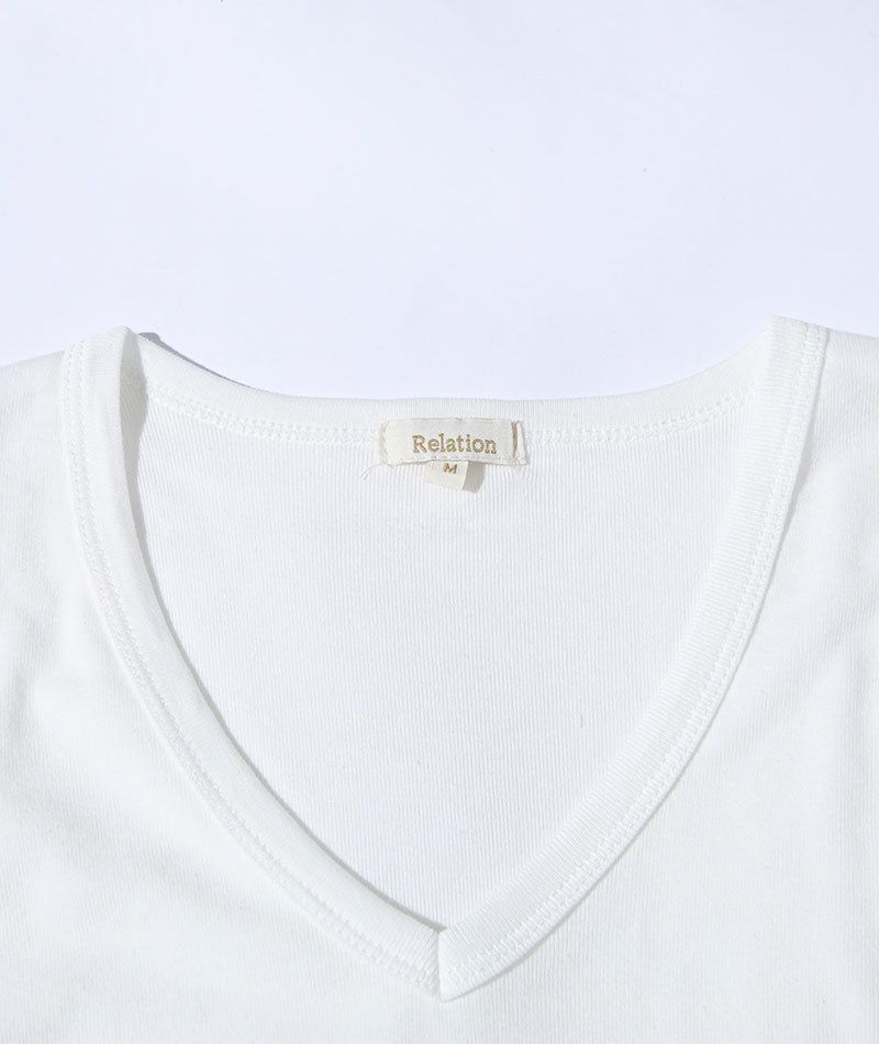 スリムに見えるフライス素材Vネック7分袖Tシャツ
