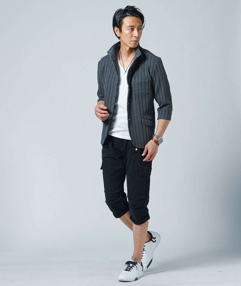 スリムに見えるフライス素材Vネック7分袖Tシャツ