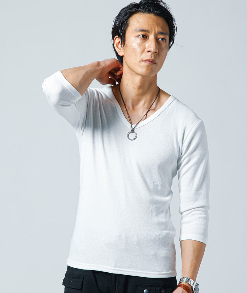 スリムに見えるフライス素材Vネック7分袖Tシャツ
