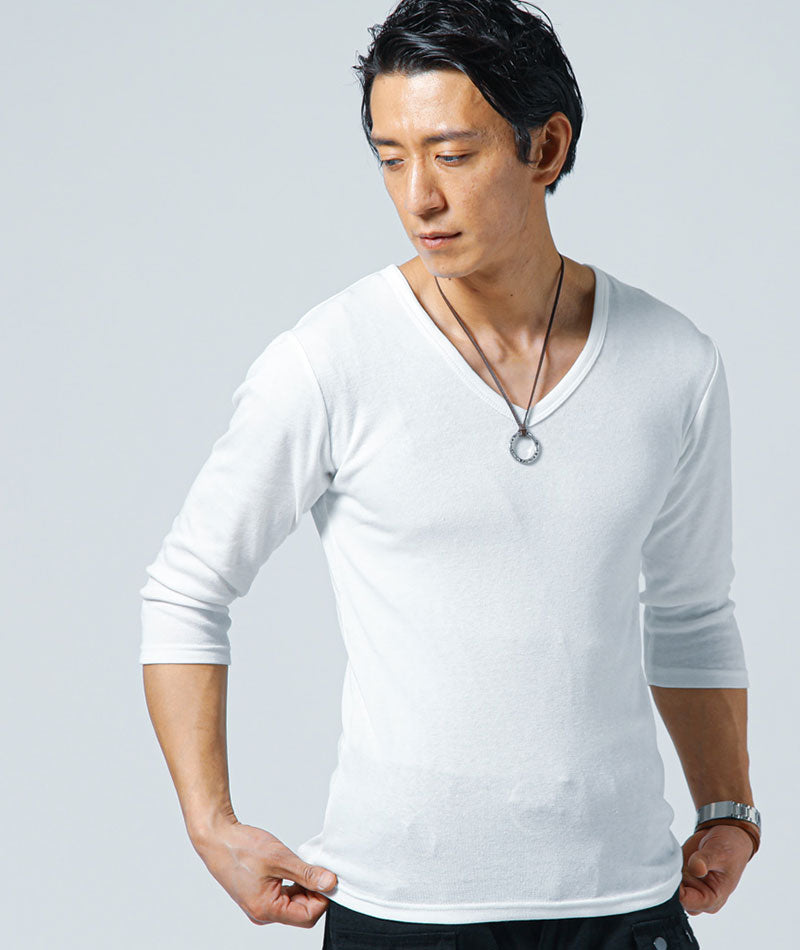 スリムに見えるフライス素材Vネック7分袖Tシャツ