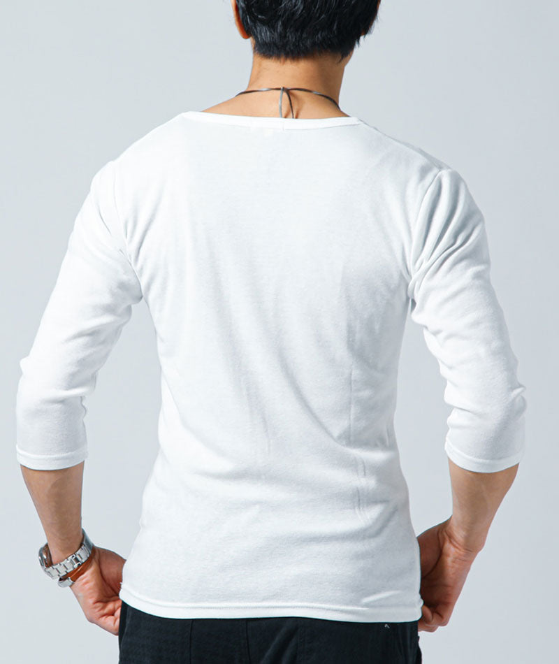 スリムに見えるフライス素材Vネック7分袖Tシャツ