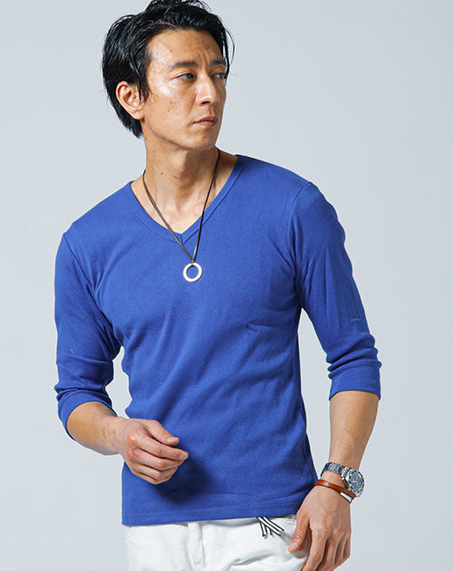 スリムに見えるフライス素材Vネック7分袖Tシャツ
