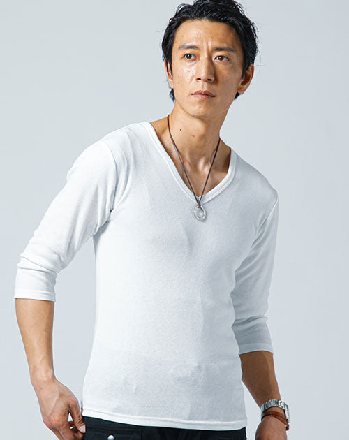 スリムに見えるフライス素材Vネック7分袖Tシャツ