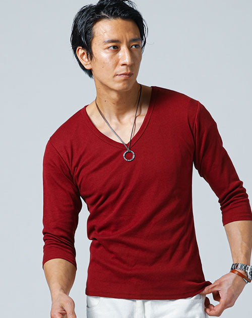 スリムに見えるフライス素材Vネック7分袖Tシャツ