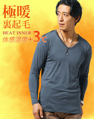 裏起毛素材ストレッチVネック・タートルネック長袖ヒートインナーTシャツ