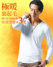 裏起毛素材ストレッチVネックヒートインナーTシャツ