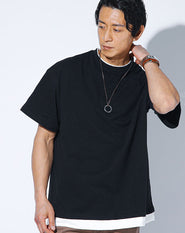 接触冷感リラックスシルエットフェイクレイヤード半袖クルーネックTシャツ