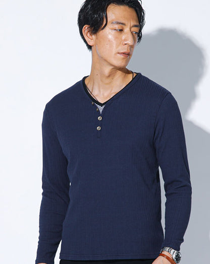 ランダムテレコ素材フェイクレイヤード長袖ヘンリーネックTシャツ