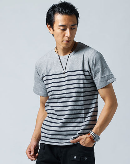 ヘビーウェイトパネルボーダー半袖コットンＴシャツ