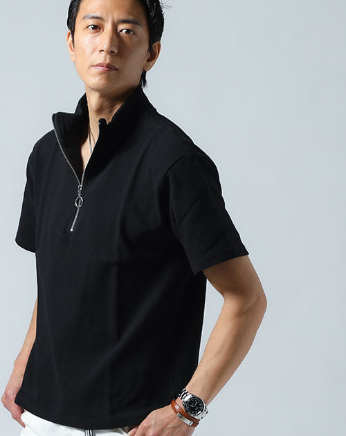 ガータージャガード半袖ハーフジップポロシャツ