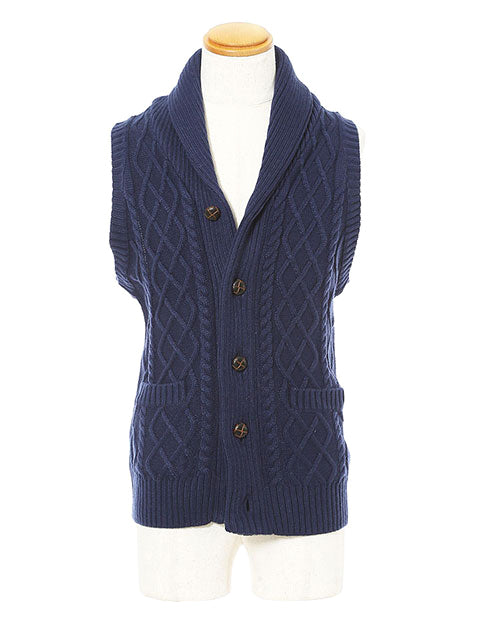 ケーブル編みショールカラーニットベスト