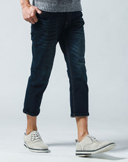 色落ち加工ストレッチテーパードアンクルデニムパンツ