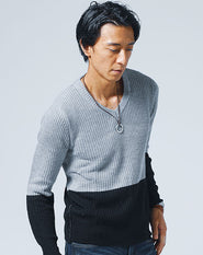 切り替えデザイン長袖Vネックニット