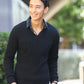 着丈短めでスマートに見える二重臼リブ編みストレッチVネックニットTシャツ