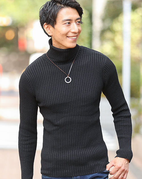 二重臼リブ編みストレッチタートルネックニットソー