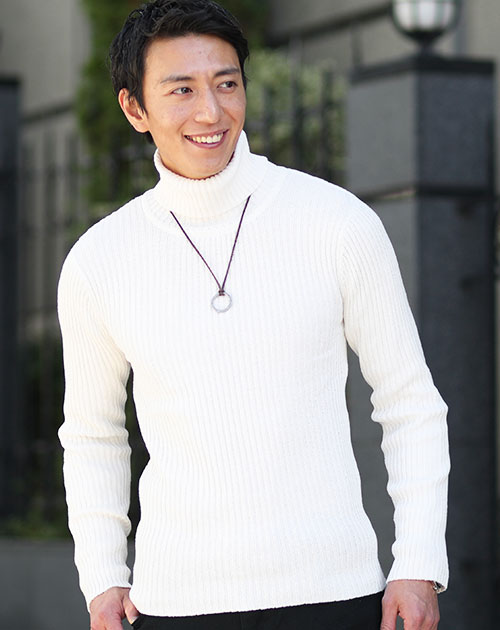 二重臼リブ編みストレッチタートルネックニットソー