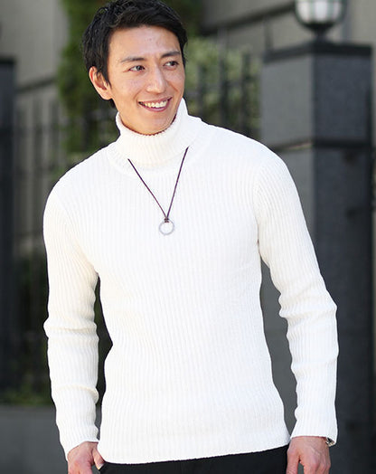 二重臼リブ編みストレッチタートルネックニットソー