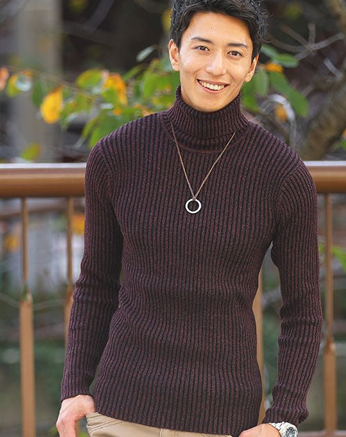 二重臼リブ編みストレッチタートルネックニットソー