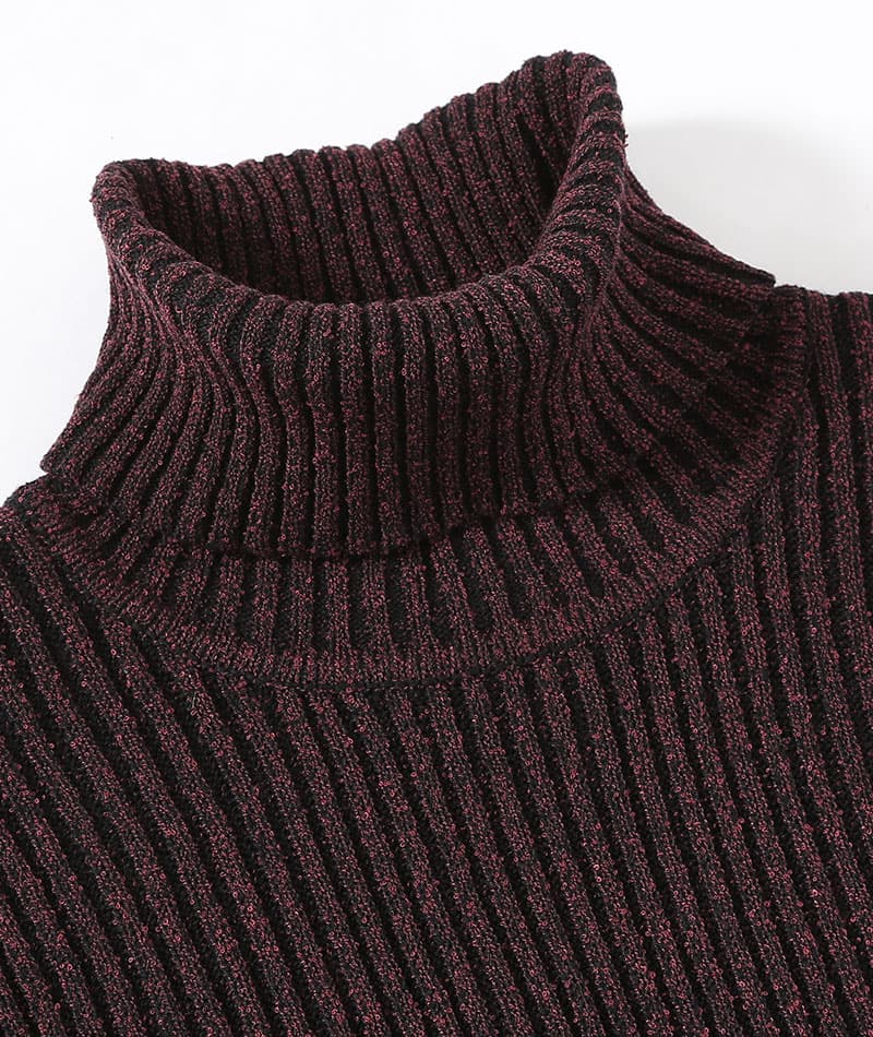 二重臼リブ編みストレッチタートルネックニットソー