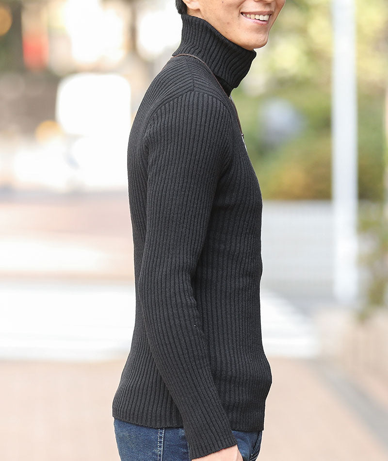 二重臼リブ編みストレッチタートルネックニットソー