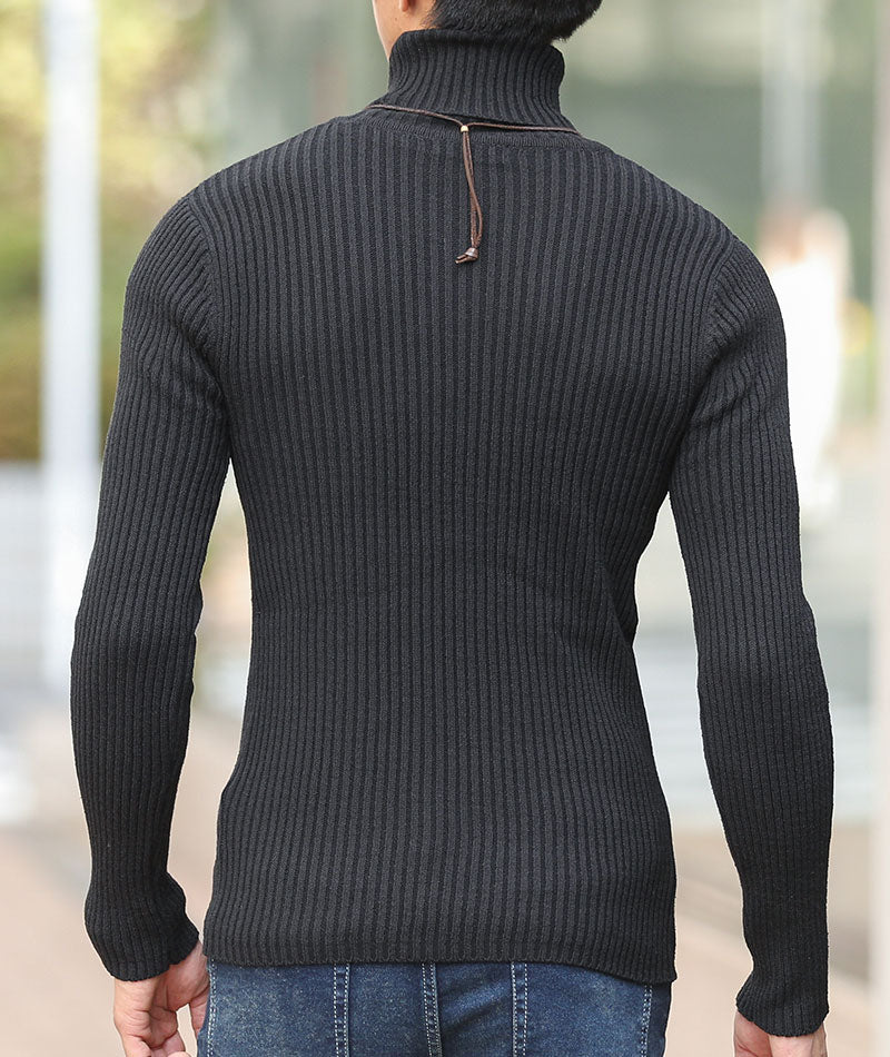 二重臼リブ編みストレッチタートルネックニットソー