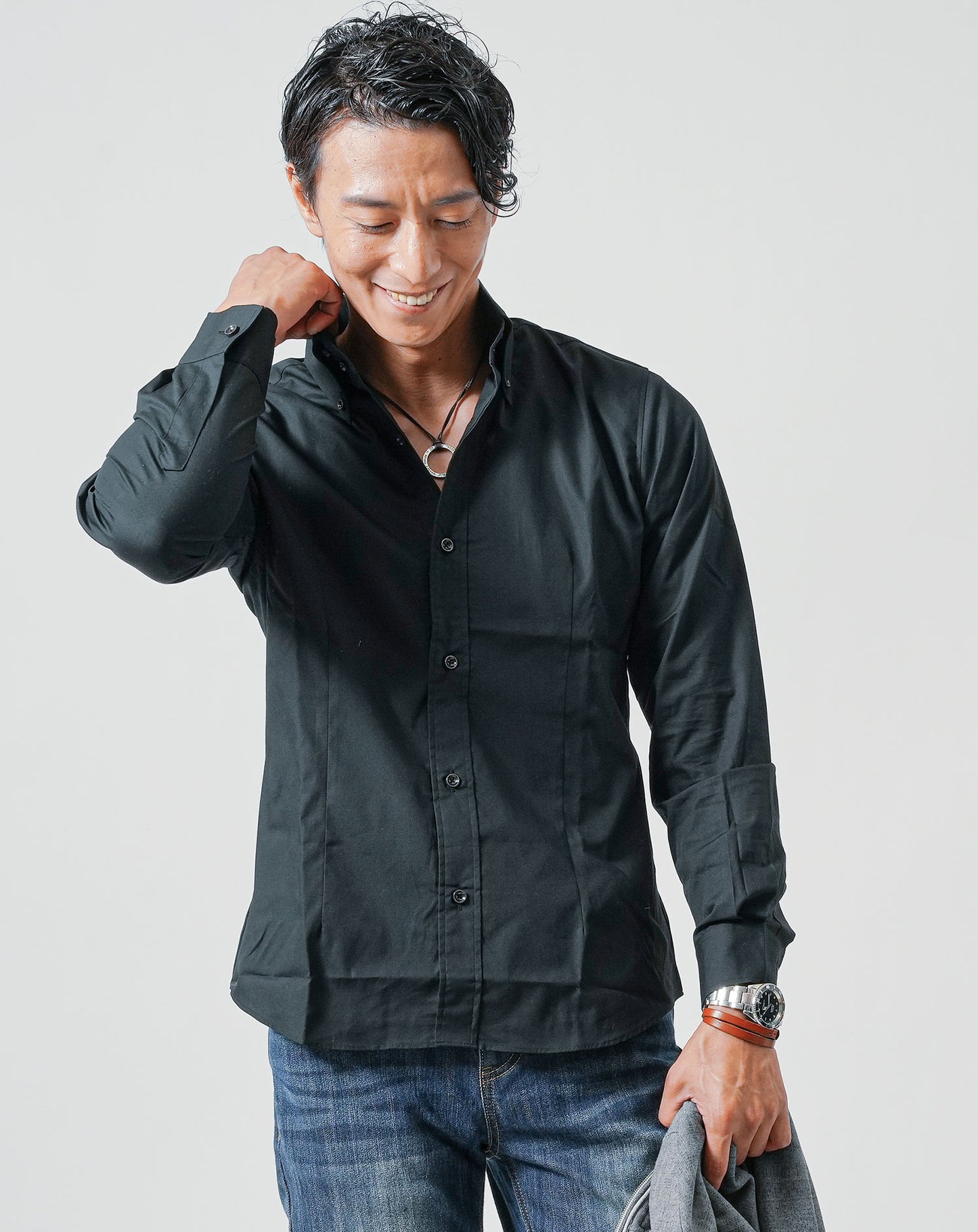 日本製スリムフィットボタンダウン長袖ブロードシャツ