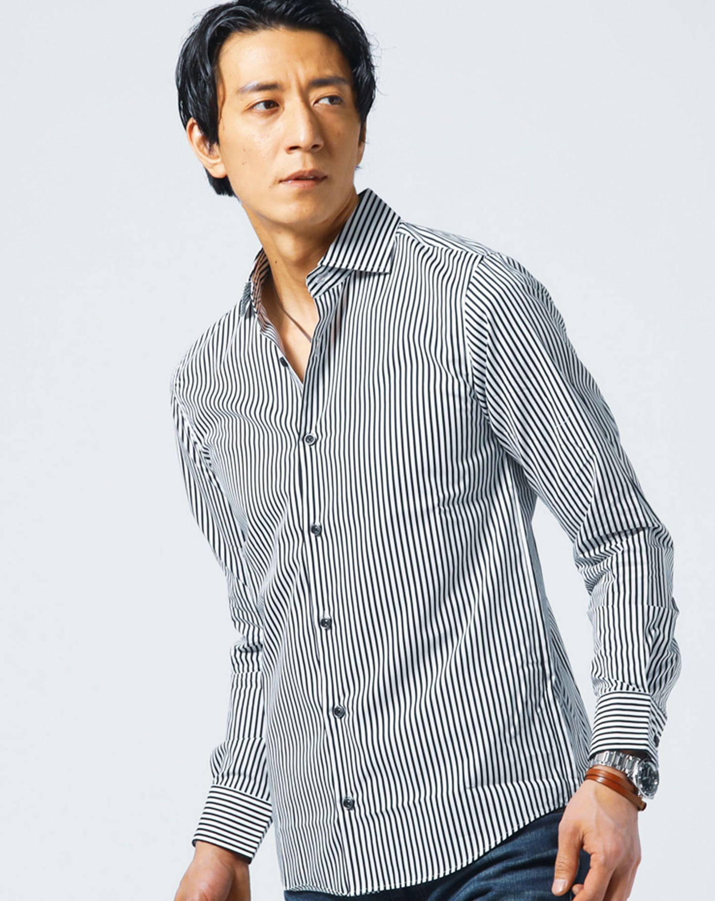 日本製ホリゾンタルカラー無地・長袖スリムフィットシャツ