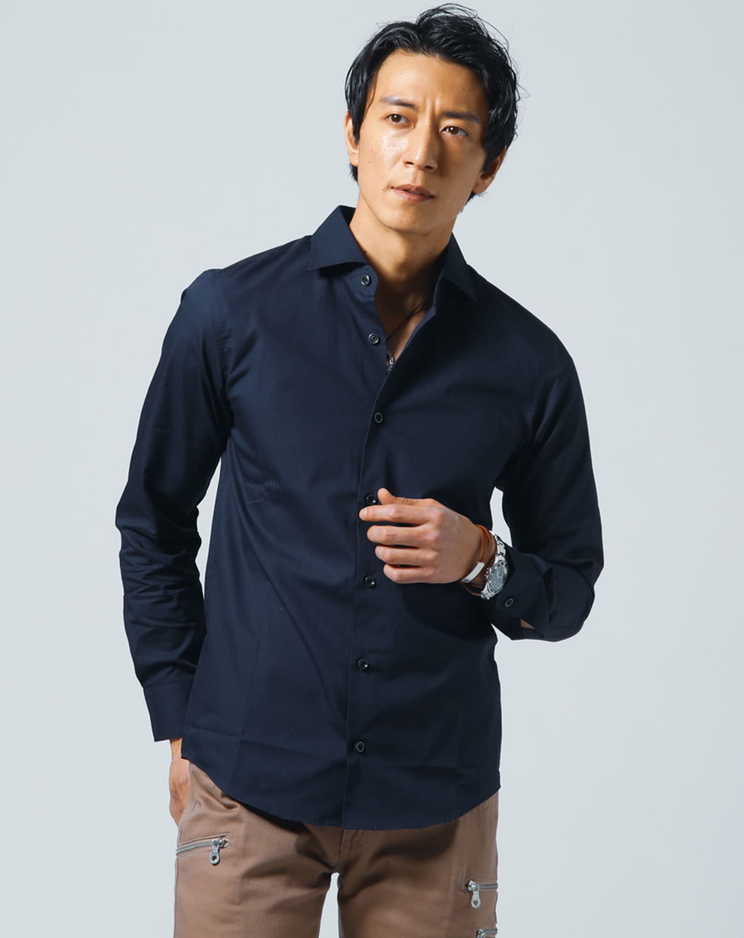 日本製ホリゾンタルカラー無地・長袖スリムフィットシャツ