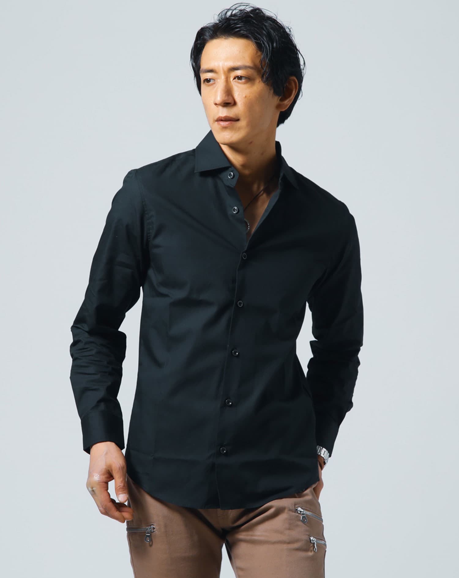 日本製ホリゾンタルカラー無地・長袖スリムフィットシャツ