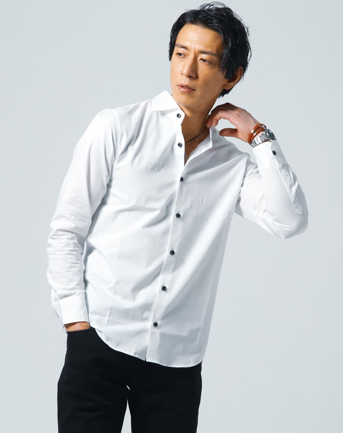 日本製ホリゾンタルカラー無地・長袖スリムフィットシャツ