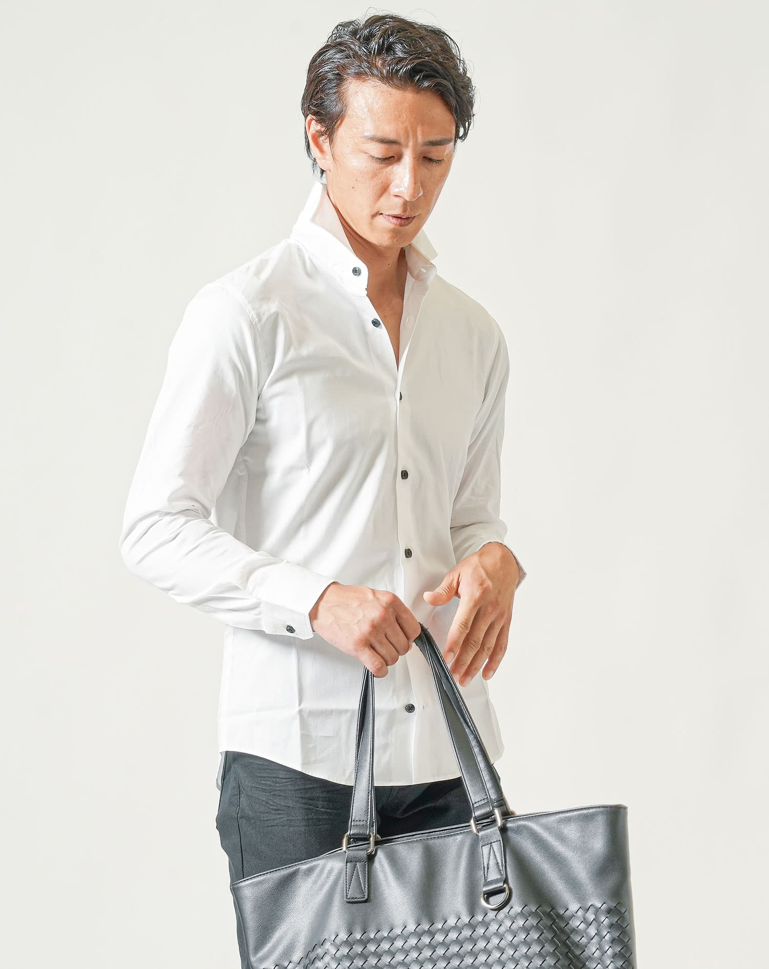 日本製ホリゾンタルカラー無地・長袖スリムフィットシャツ