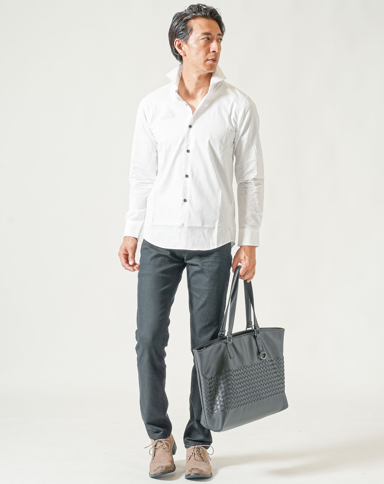 日本製ホリゾンタルカラー無地・長袖スリムフィットシャツ