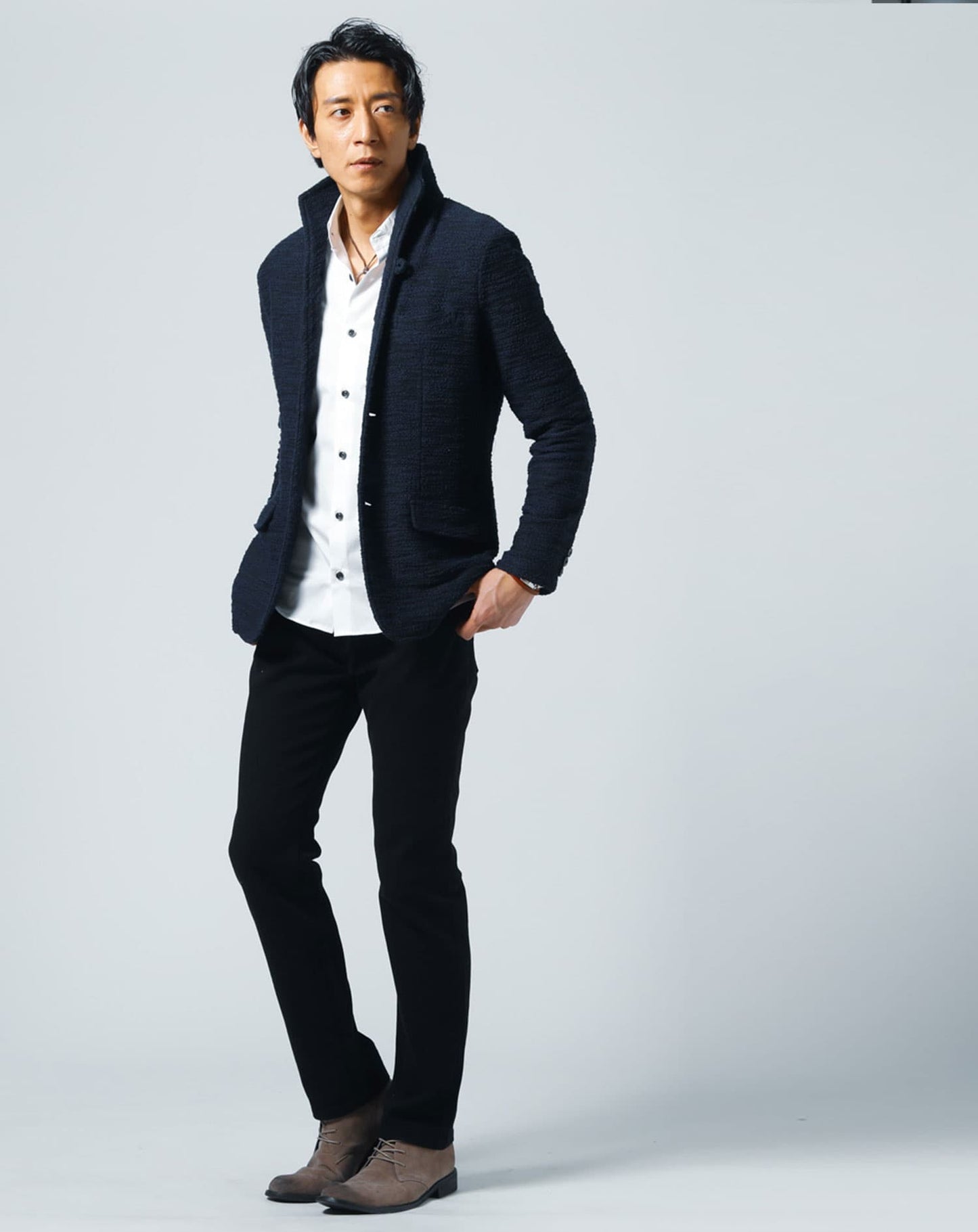 日本製ホリゾンタルカラー無地・長袖スリムフィットシャツ