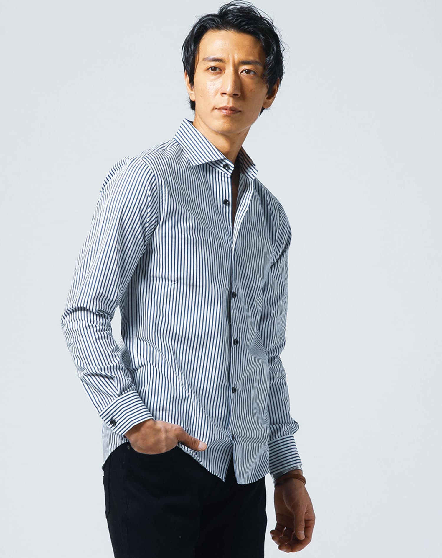 日本製ホリゾンタルカラー無地・長袖スリムフィットシャツ