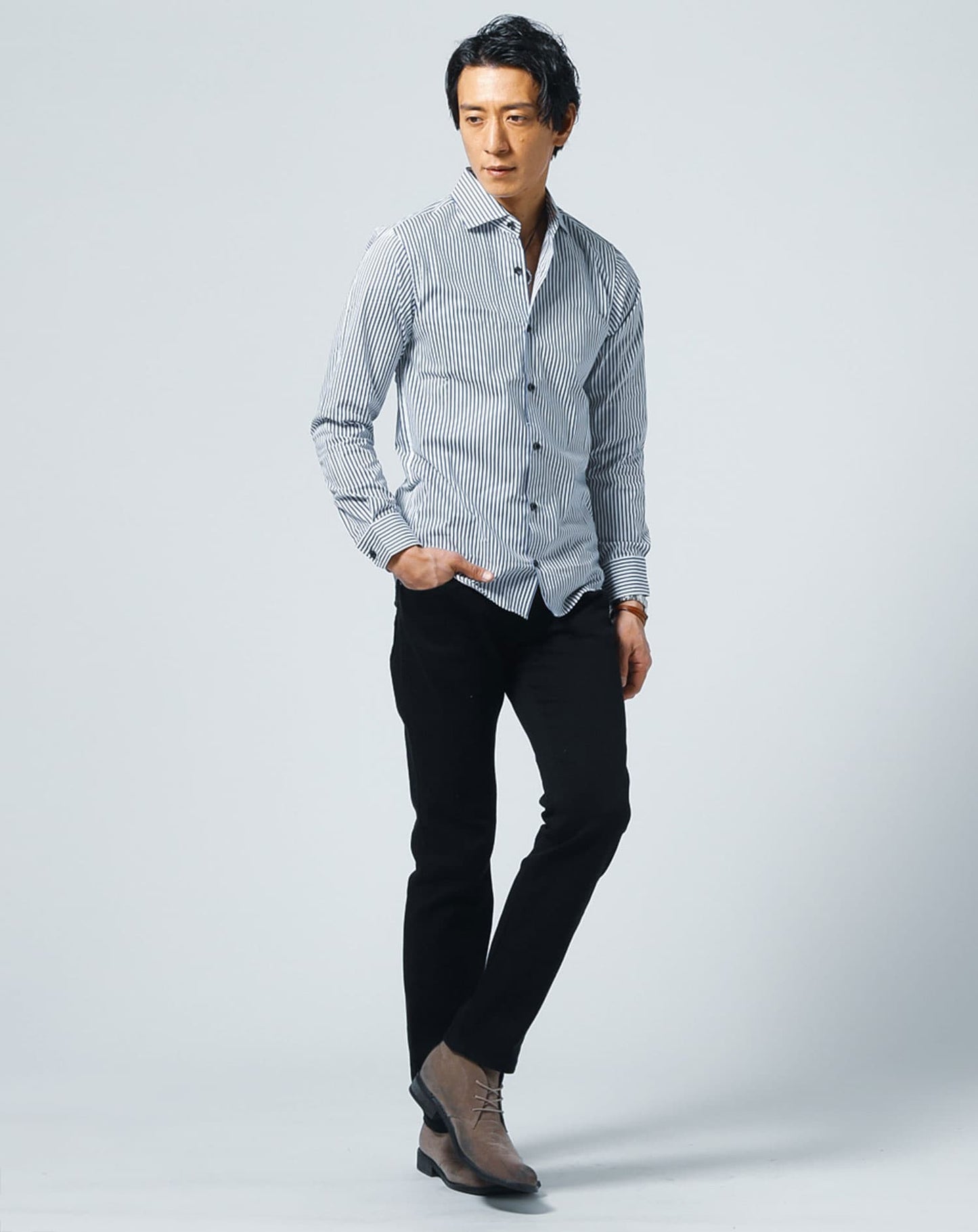 日本製ホリゾンタルカラー無地・長袖スリムフィットシャツ