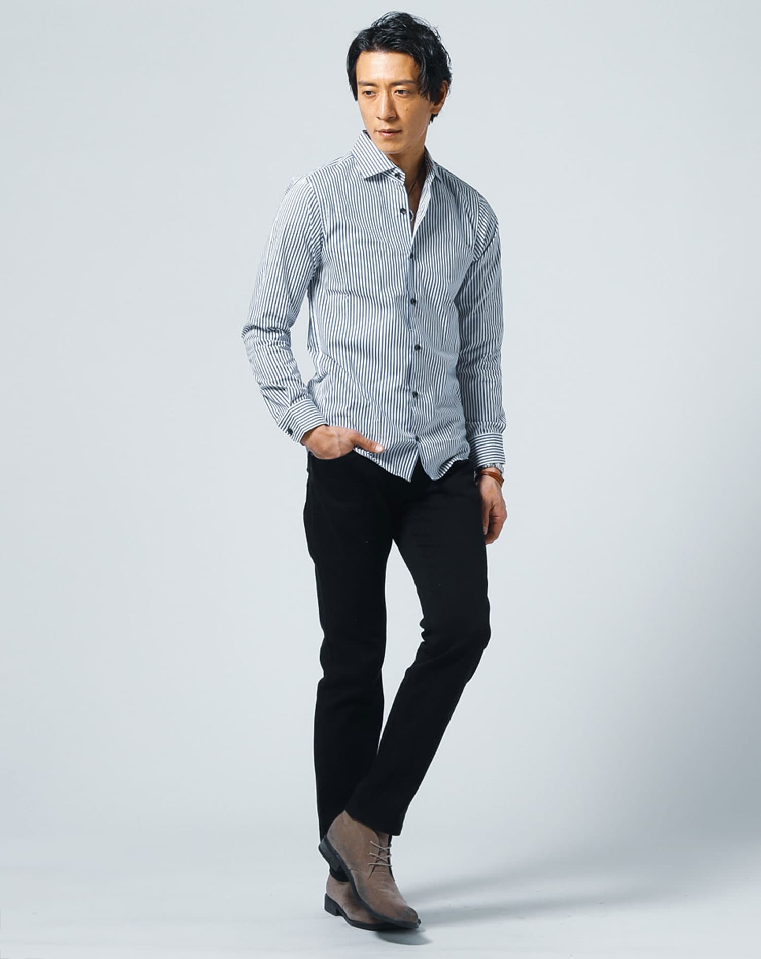 日本製ホリゾンタルカラー無地・長袖スリムフィットシャツ